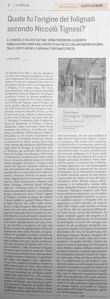 Articolo di Elena Laureti sulla Gazzetta di Foligno del 5 marzo 2023.